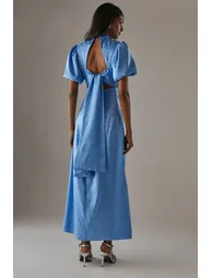 Rose Satin Jacquard Puff Sleeve Tie Back Midi Dress - 3