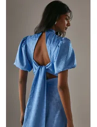 Rose Satin Jacquard Puff Sleeve Tie Back Midi Dress - 2