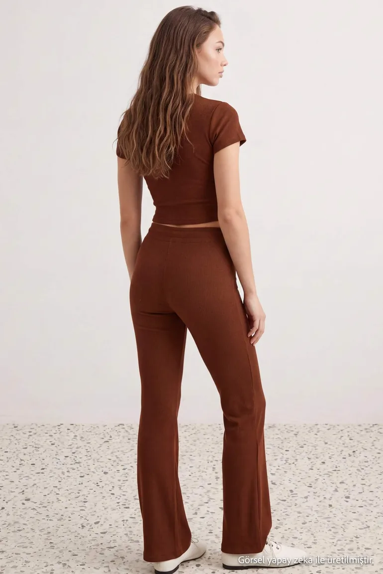 Brown Fitted/Fits Body Ribbed Flexible Knitted Bottom-Top Set - 1