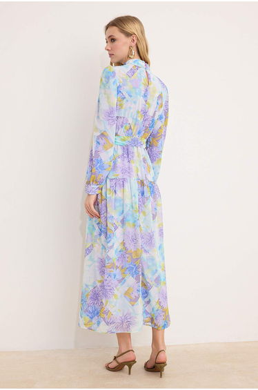 Purple Belted Lined Floral Woven Chiffon Hijab Dress product thumbnail 4