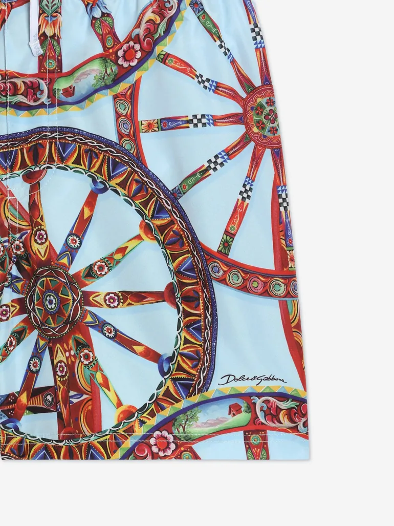 Dolce & Gabbana Boys Carretto Print Swim Shorts in Blue - 2