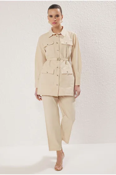Stone Pocket and Belt Detail Gabardine Weaving Upper-Lower Team