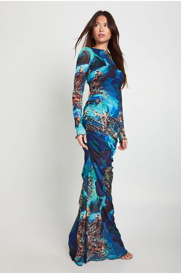 Mixed Animal Print Ruched Mesh Maxi Dress - cobalt product thumbnail 3