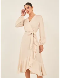 Solid Balloon Sleeve Wrap Midi Dress with Ruffle Details - 2