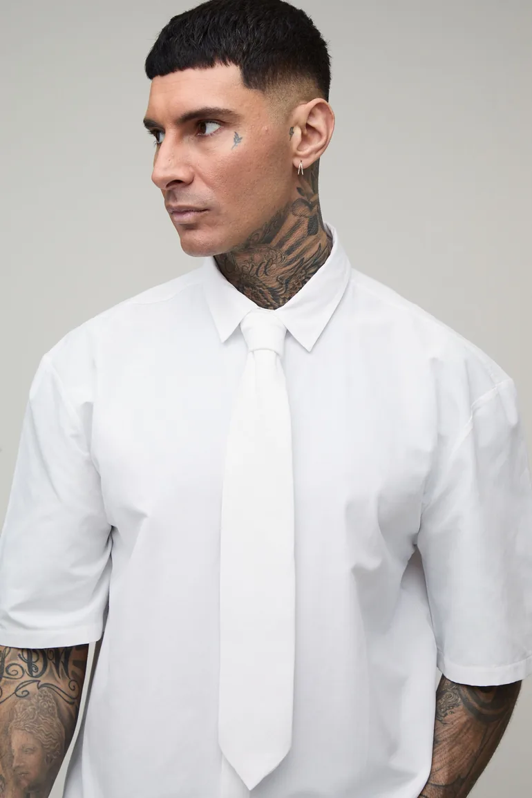 Oversized Boxy Half Sleeve Shirt and Tie - white - 2