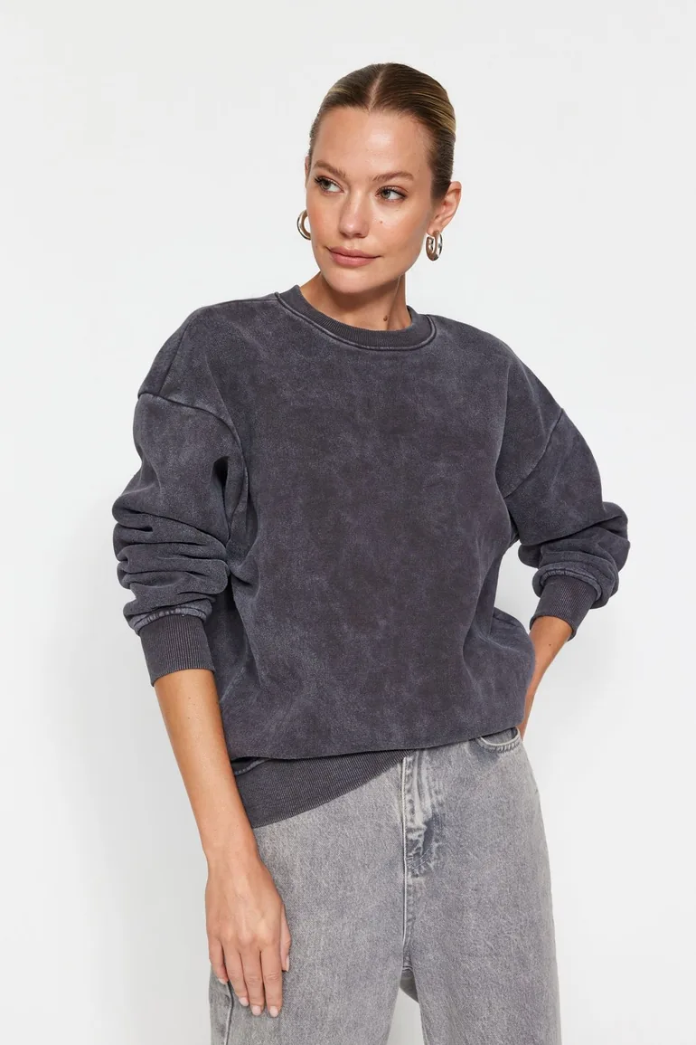 Anthracite Anthracite/Faded Effect Thick Fleece Inside Oversize/Wide-Collar Knitted Sweatshirt . - 1