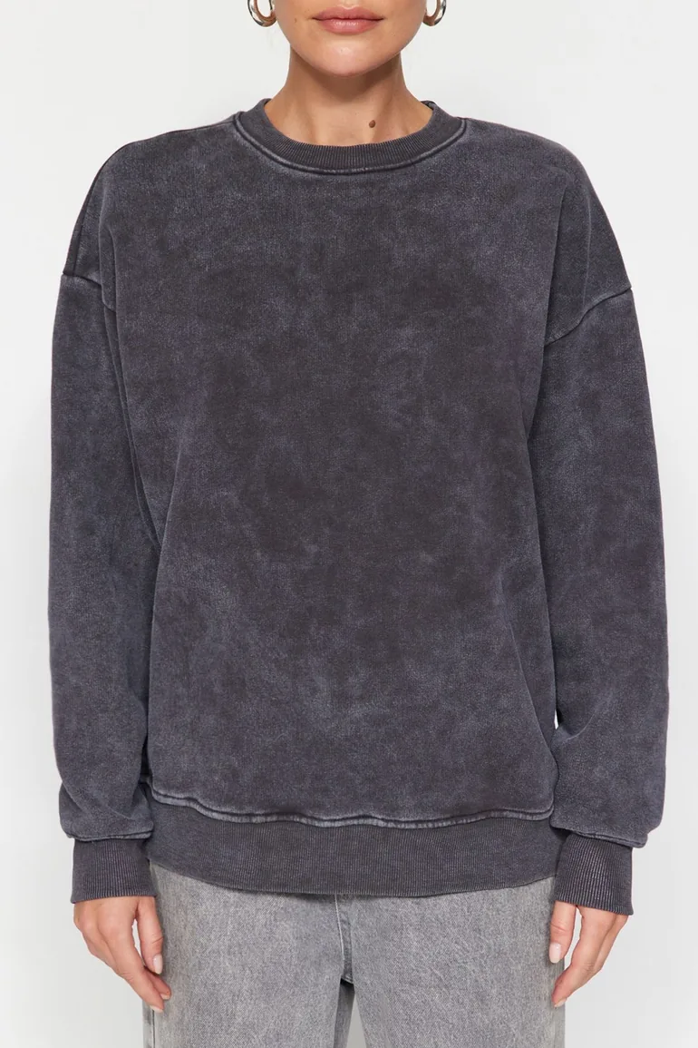 Anthracite Anthracite/Faded Effect Thick Fleece Inside Oversize/Wide-Collar Knitted Sweatshirt . - 3