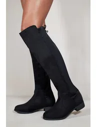 DIEM OVER THE KNEE PULL ON BOOTS WITH LOW HEEL IN BLACK SUEDE
