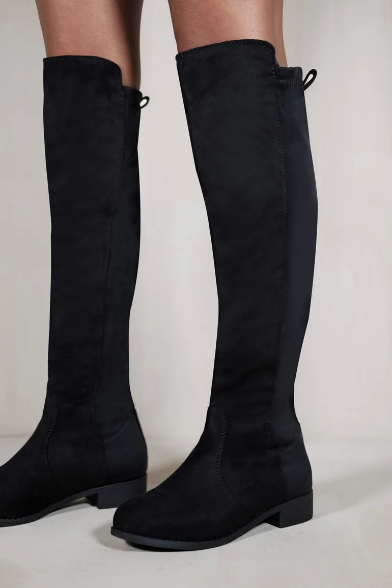DIEM OVER THE KNEE PULL ON BOOTS WITH LOW HEEL IN BLACK SUEDE - 1