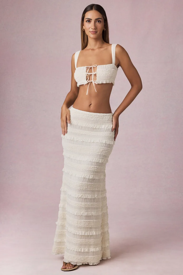 Ruffled Mid-Rise Maxi Skirt in Ivory - 6