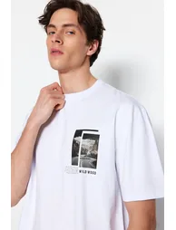 White Men's Relaxed Fit Crew Neck Short Sleeve Landscape Printed T-Shirt - 2