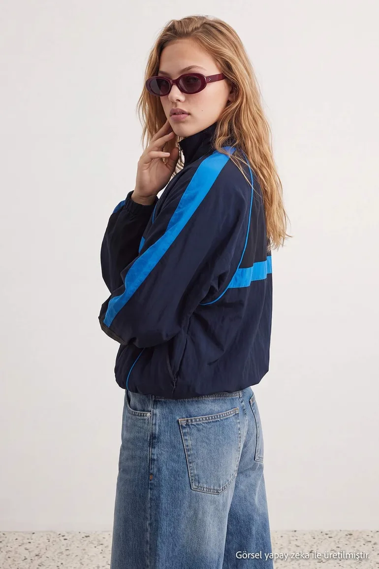 Navy Blue Oversize Color Block Summer Coat - 4