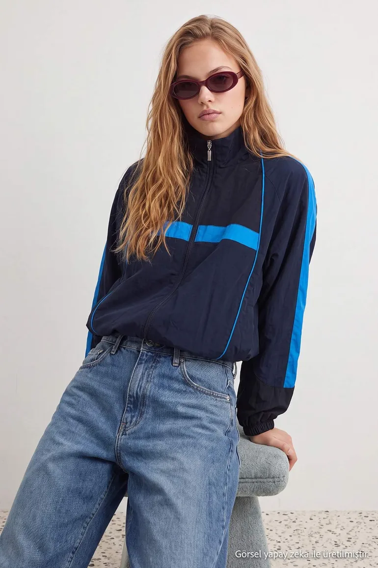 Navy Blue Oversize Color Block Summer Coat - 1