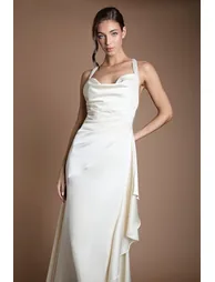 Beaded Strap Cowl Neck Wedding Dress - 1