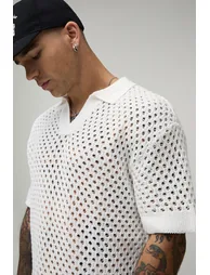 Relaxed Open Stitch Knitted Polo - ecru - 2