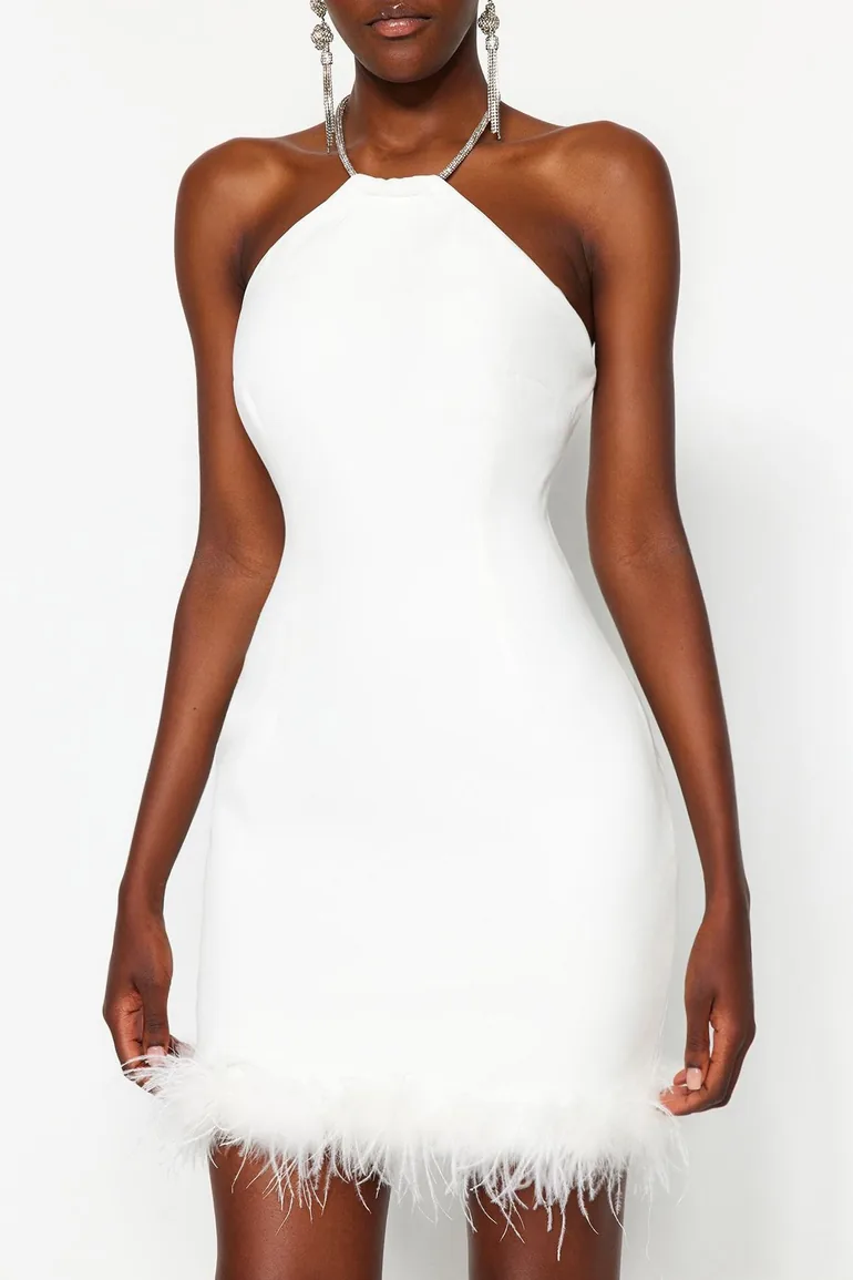 Ecru Body-fitting Woven Otriche Shiny Stone Evening Dress - 2