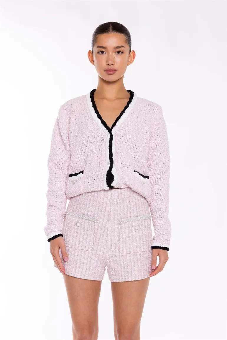 Pink-White Tweed Mini Shorts - 2