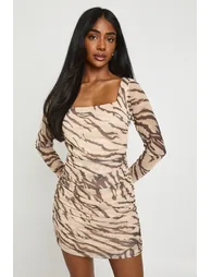 Animal Printed Square Neck Ruched Mesh Bodycon Dress - brown - 1