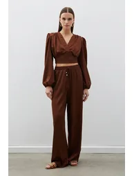 Patterned Double Breasted Satin Blouse - 1