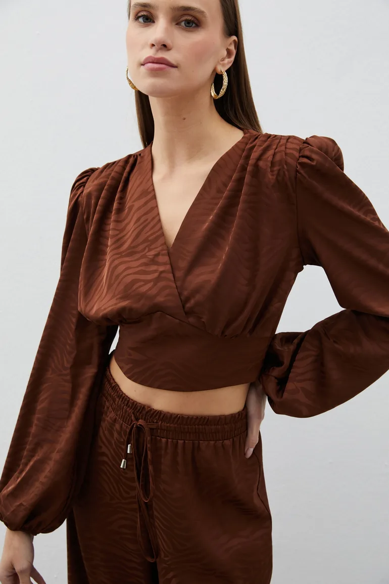 Patterned Double Breasted Satin Blouse - 5