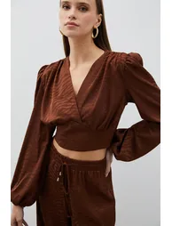Patterned Double Breasted Satin Blouse - 5