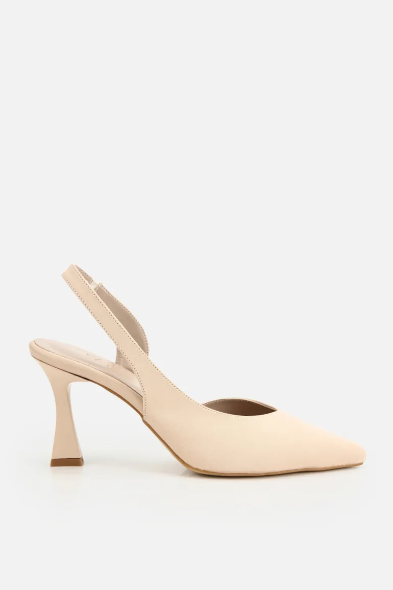 Women's beige pointed toe open back mid-heeled shoes