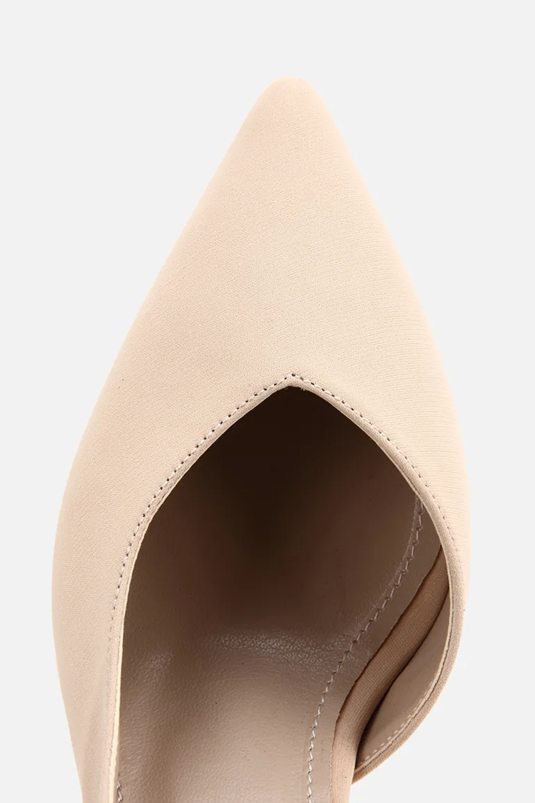 Women's beige pointed toe open back mid-heeled shoes - 4