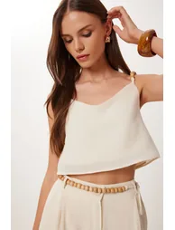 Women's Cream Beaded Detailed Linen Blouse Trouser Set - 3