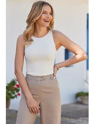 Cream Ribbed Sleeveless Bodysuit - 3