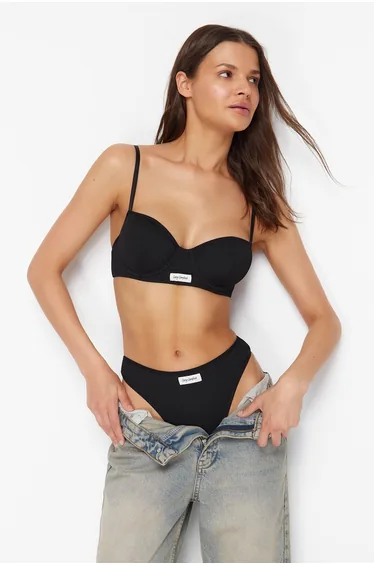 Black Ribbed Label Detailed Capless Knitted Underwear Set