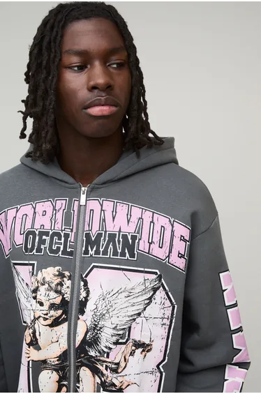 Oversized Boxy Worldwide Varsity Hoodie - charcoal