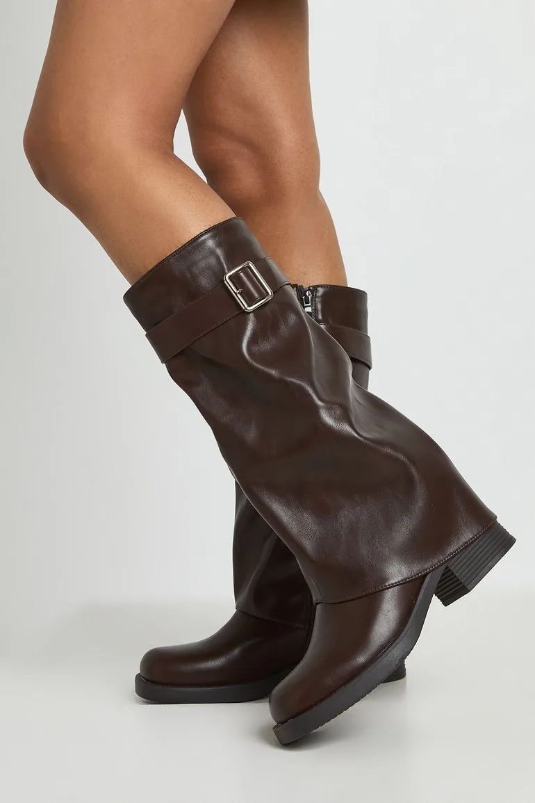 Wide Fit Buckle Detail Fold Over Knee High Boots - chocolate - 1