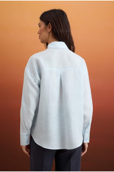 Blue 100% Linen Pocket Detailed Oversized Shirt product thumbnail 4