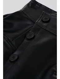 Faux Leather Asymmetric Buttoned Flap Mini Skirt in Black - 4