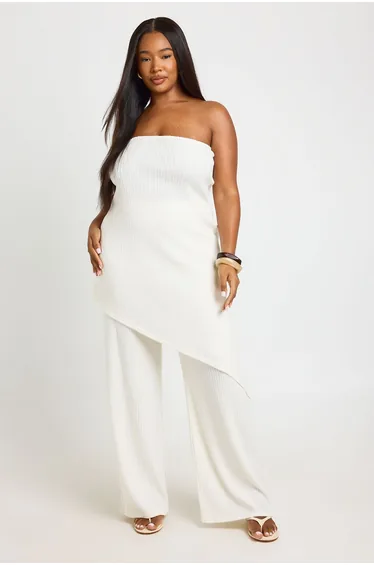 Plus Ribbed Bandeau Asym Hem Top & Wide Leg Trouser Co Ord - ivory