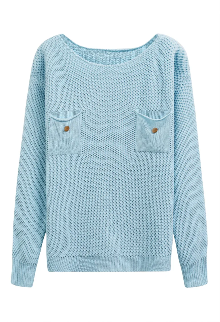 Buttons Decorated Pocket Waffle Knit Sweater in Baby Blue - 6