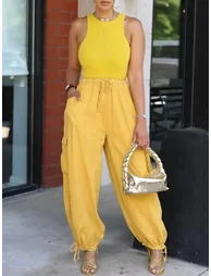 Loose Drawstring Elasticity Pockets Solid Color Casual Pants Bottoms Cropped Trousers Trousers - 3