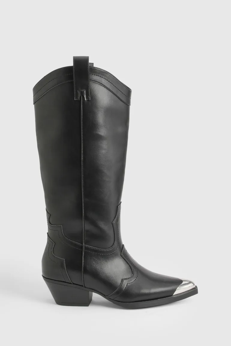 Metal Toecap Detail Western Cowboy Boots - black - 2
