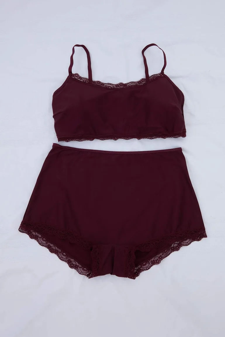 Burgundy Removable Pad Soft Buttoned Daily Plus Size Underwear Set - 3