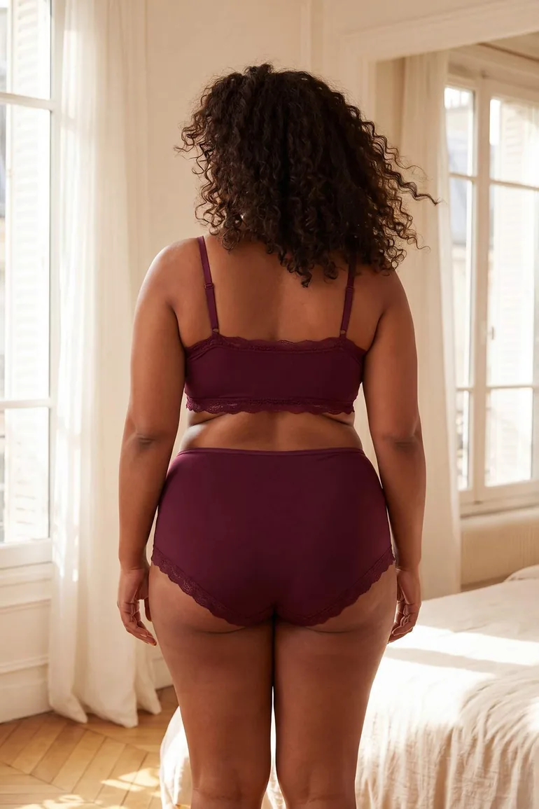 Burgundy Removable Pad Soft Buttoned Daily Plus Size Underwear Set - 1