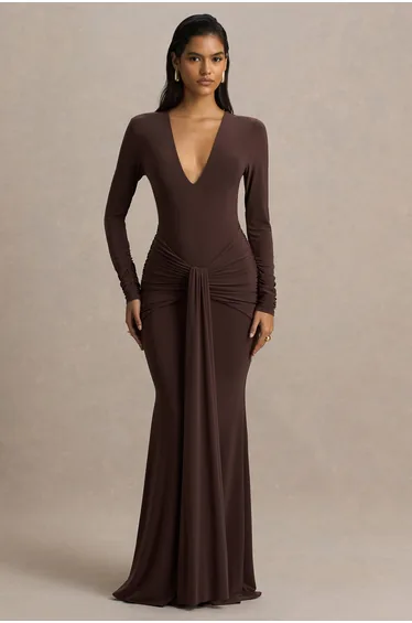 Saffie | Chocolate Extreme-Plunge Wrap Maxi Dress With Long-Sleeves And Ruched Detailing
