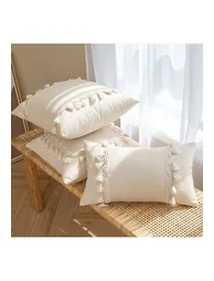 Creamy Tassel Sackcloth Cushion Cover - 6