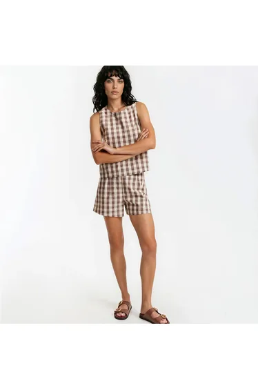 Gingham Print Cotton/Linen Shorts