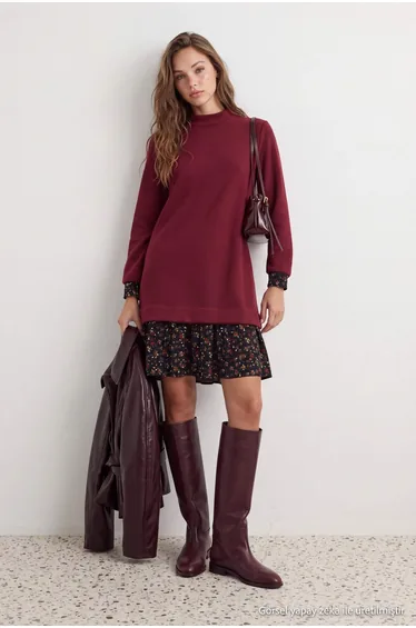 Burgundy Floral Printed Mini Thessaloniki Stand Collar Knitted Dress