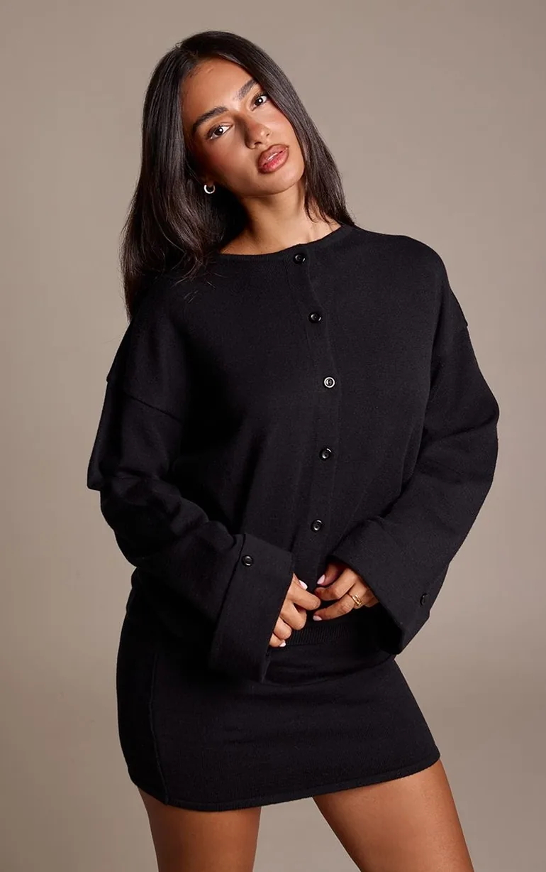 Petite Black Knit Turn Up Hem Cardigan - 1