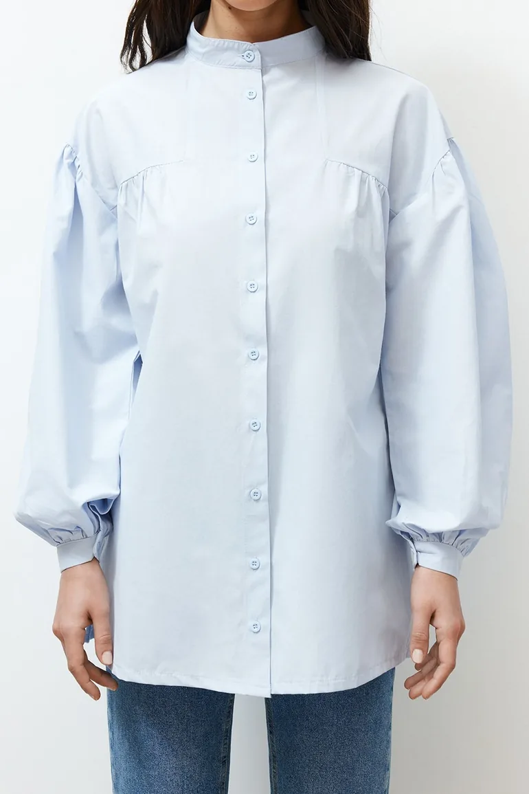 Light Blue Ruffle Detailed Cotton Basic Woven Shirt - 4