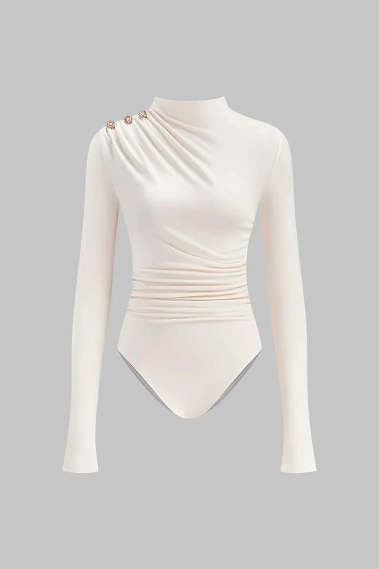 Asymmetrical Button Ruched Long Sleeve Bodysuit - 3