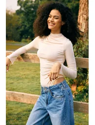 Asymmetrical Button Ruched Long Sleeve Bodysuit - 1