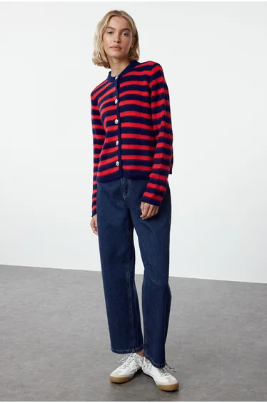 Navy Blue Soft Texture Striped Knitwear Cardigan