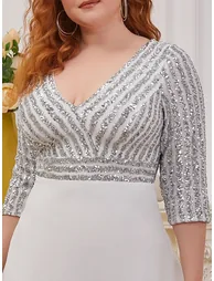 ever LUENA|Sexy V Neck Sequin Evening Dresses with 3/4 Sleeve - 4